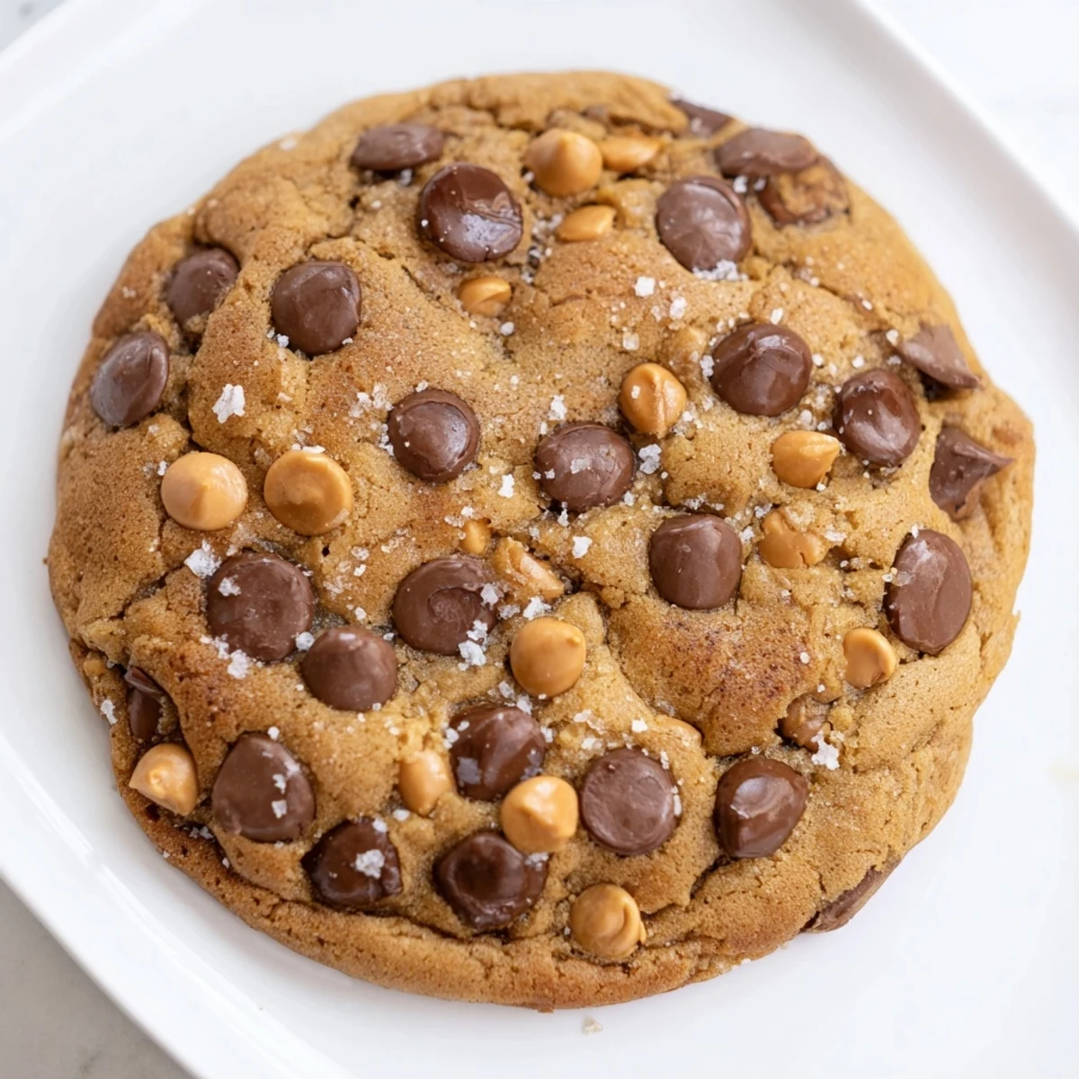 Warm, gooey Best Ever Butterscotch Chocolate Chip Cookies, fresh from the oven, sprinkled with glistening salt crystals.