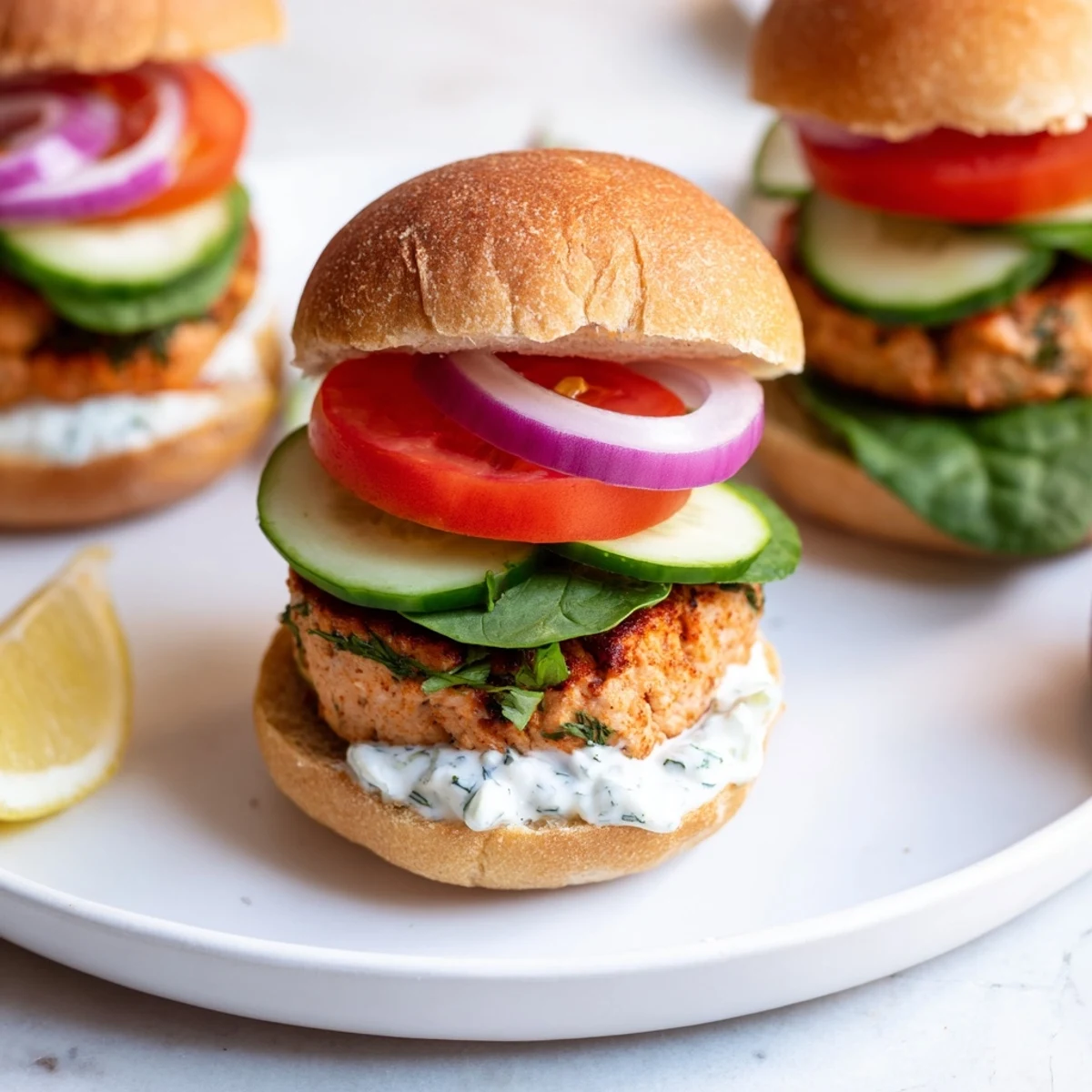 Plate of delicious Healthy Baked Chicken Sliders: juicy patties on toasted buns, ready to enjoy with a fresh, crisp salad.