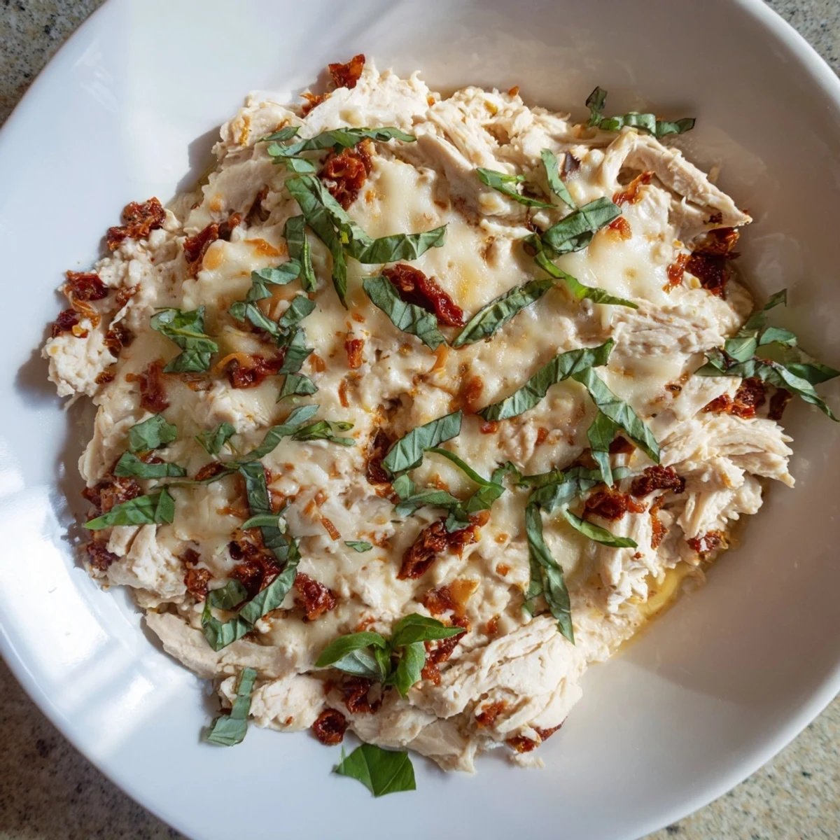 Creamy Lightened Marry Me Chicken Dip, bubbly and golden, served with colorful veggie sticks, perfect for sharing.