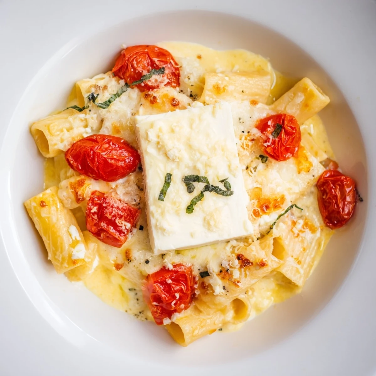 Golden-brown Four-Cheese Baked Block Pasta with melted cheese and bursting tomatoes, ready to serve.