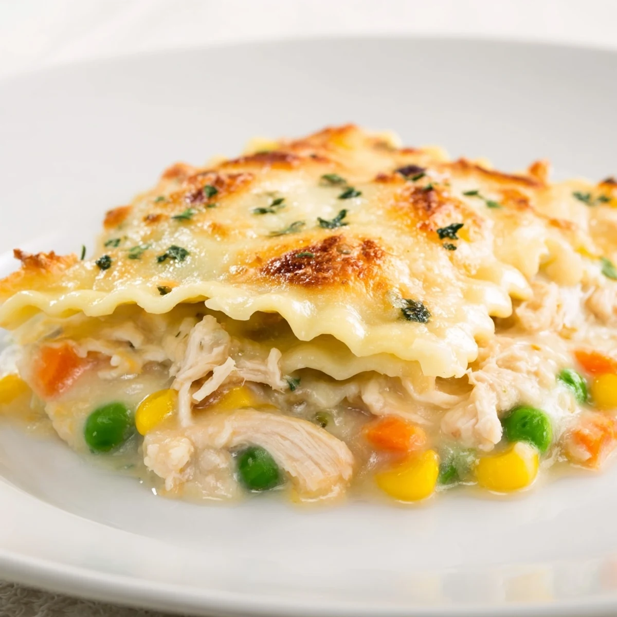 Golden, bubbly Chicken Pot Pie Ravioli Bake with melted mozzarella, a creamy, comforting dinner.