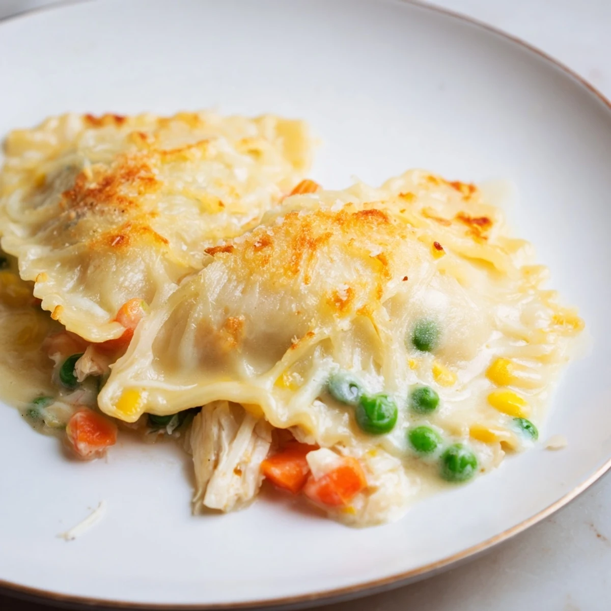 Creamy chicken and vegetable-filled Chicken Pot Pie Ravioli Bake, topped high with melted, browned cheese.