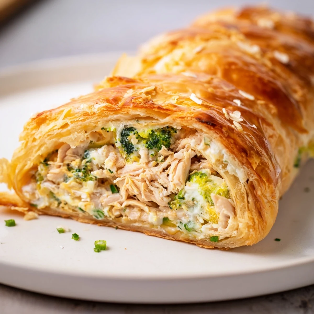 Close-up of freshly baked creamy chicken and broccoli puff pastry rolls, ready to serve and enjoy.