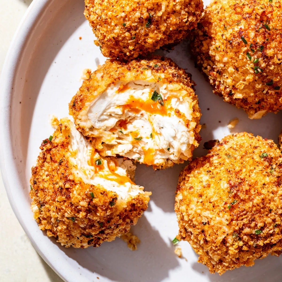 Close-up of crispy Air Fryer Spicy Ranch Chicken Croquettes with visible textures, ready to eat.