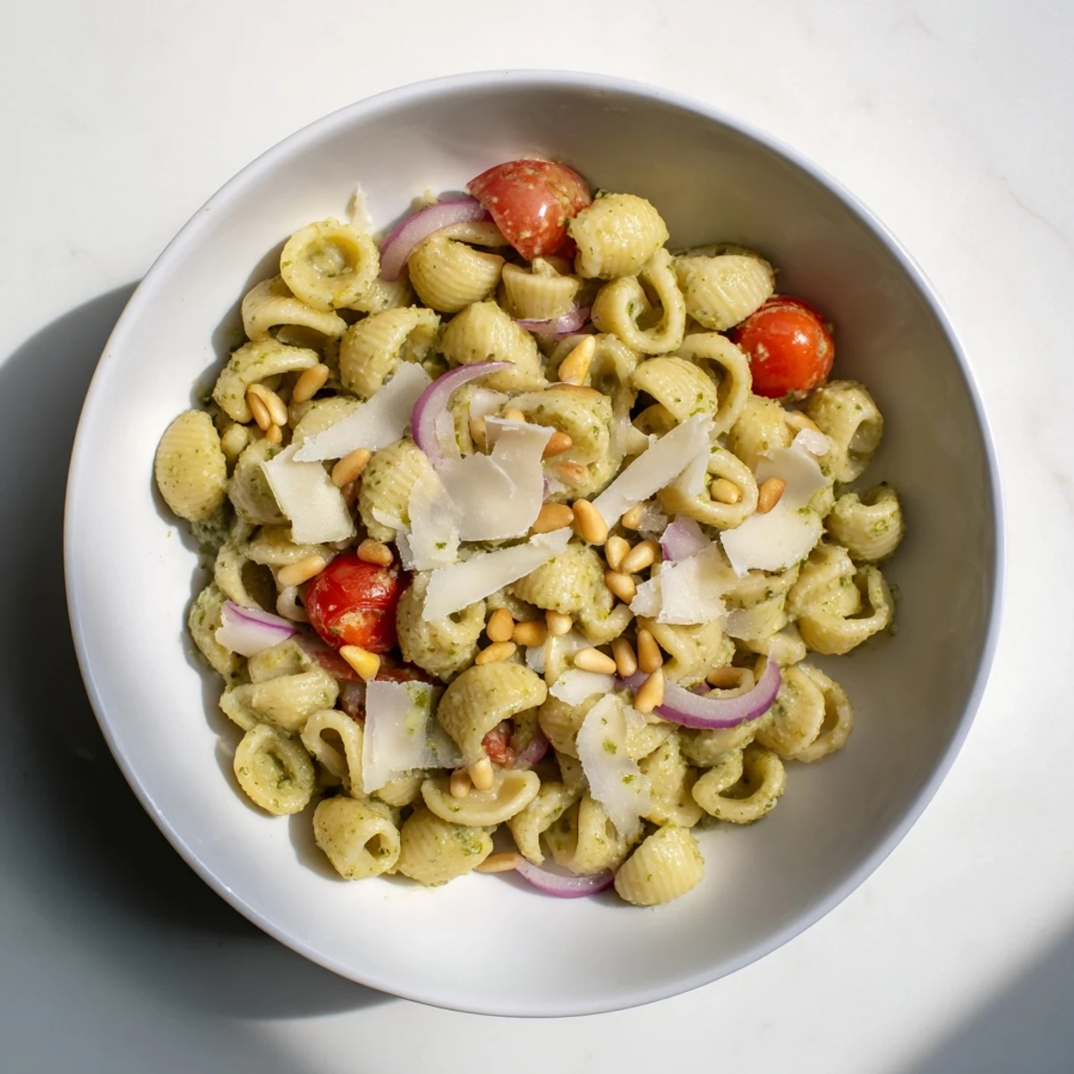 Enjoy a bowl of delicious Caesar Pesto Ditalini Salad, a flavorful Italian-American vegetarian dish!