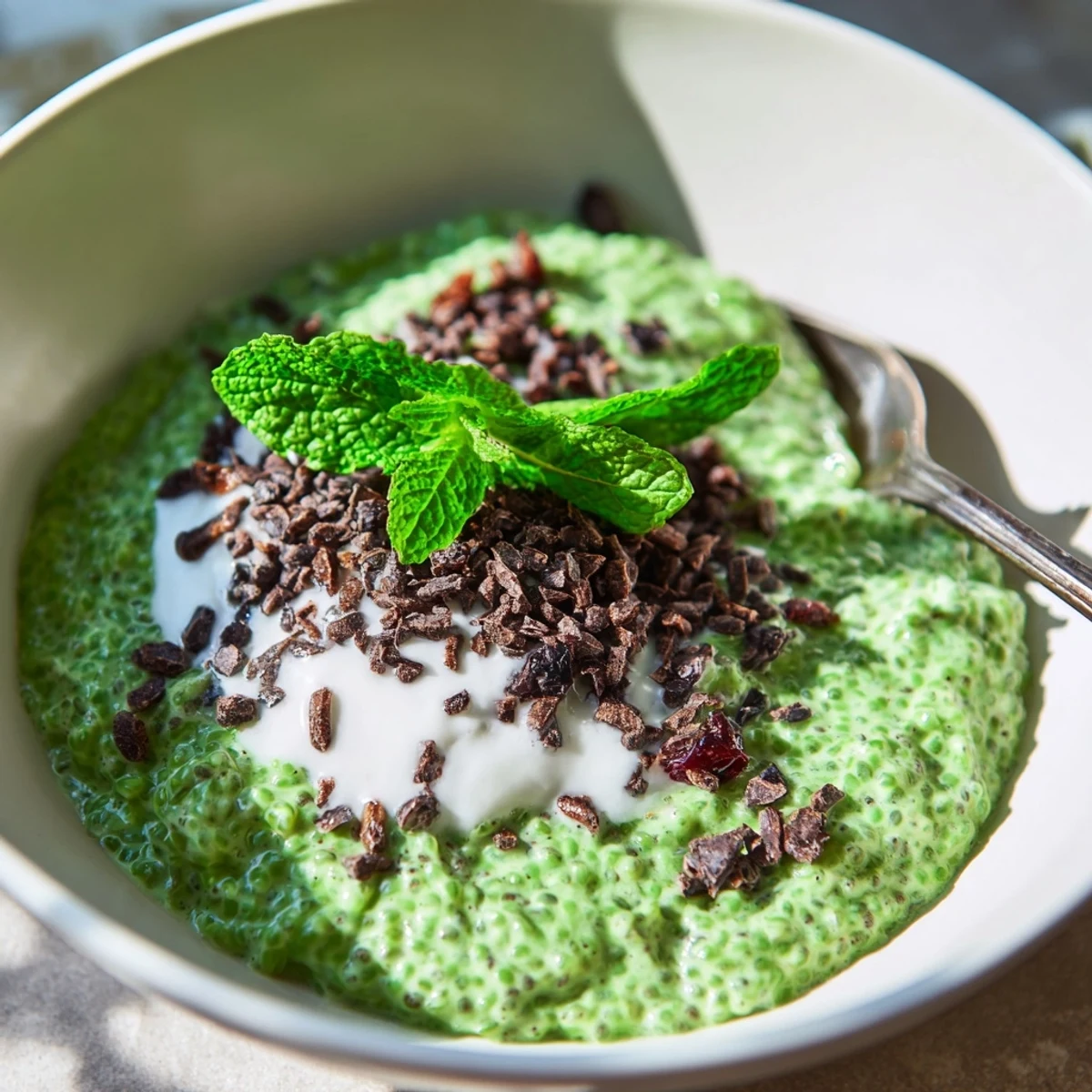 Cool, green Grinch Green Mint Matcha Chia Pudding, topped with cacao nibs and creamy yogurt, delicious breakfast.