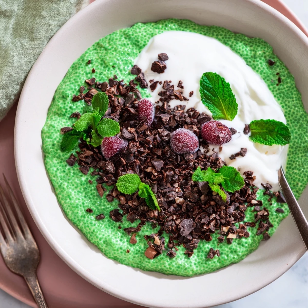 A vibrant, creamy Grinch Green Mint Matcha Chia Pudding with fresh mint and berries, ready to serve.