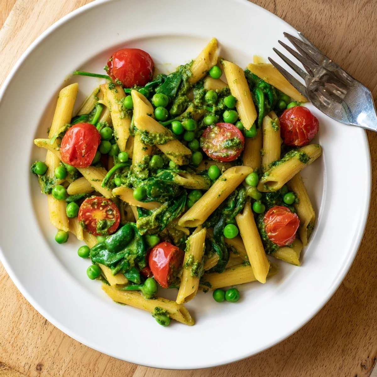 One-Pot Creamy Pesto Pea Protein Pasta: A colorful, steaming bowl of pasta with fresh peas and pesto.