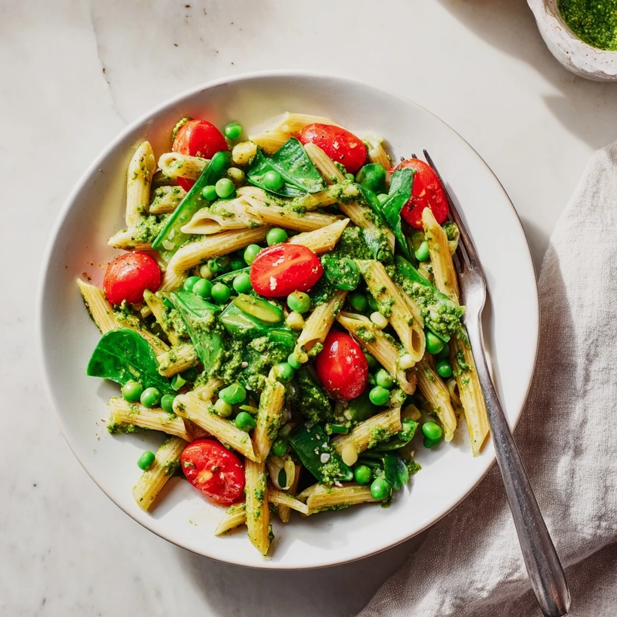 Enjoy a comforting plate of One-Pot Creamy Pesto Pea Protein Pasta, ready in just 30 minutes.