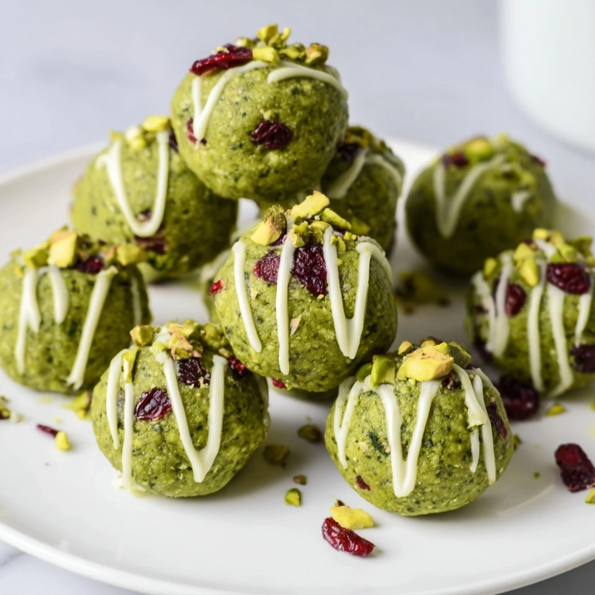 Close-up of freshly made Matcha Pistachio Christmas Tree Energy Bites, drizzled with white chocolate and ready to eat.