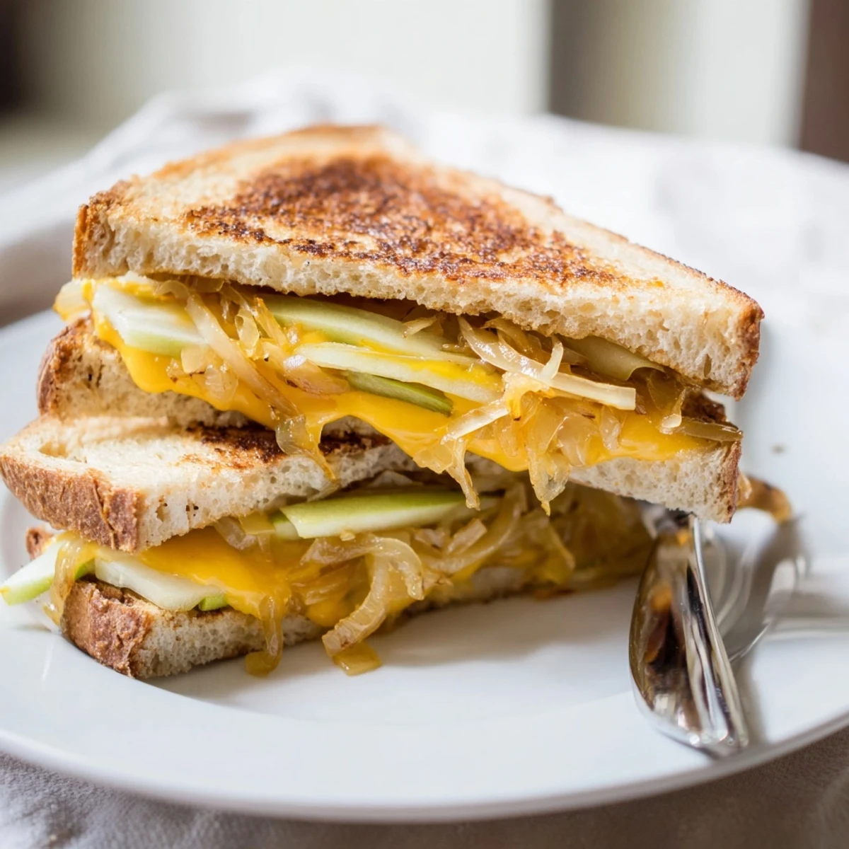 A close-up of a perfectly grilled Caramelized Onion, Apple & Cheddar Grilled Cheese, ready to eat.