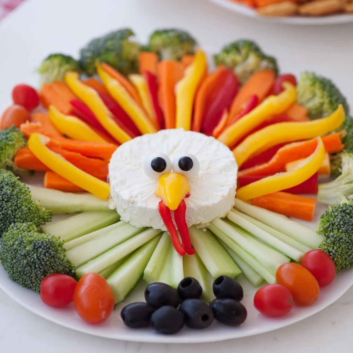 A colorful Turkey Shaped Appetizer Tray: imagine crisp, fresh veggies and creamy cheese ready to enjoy.