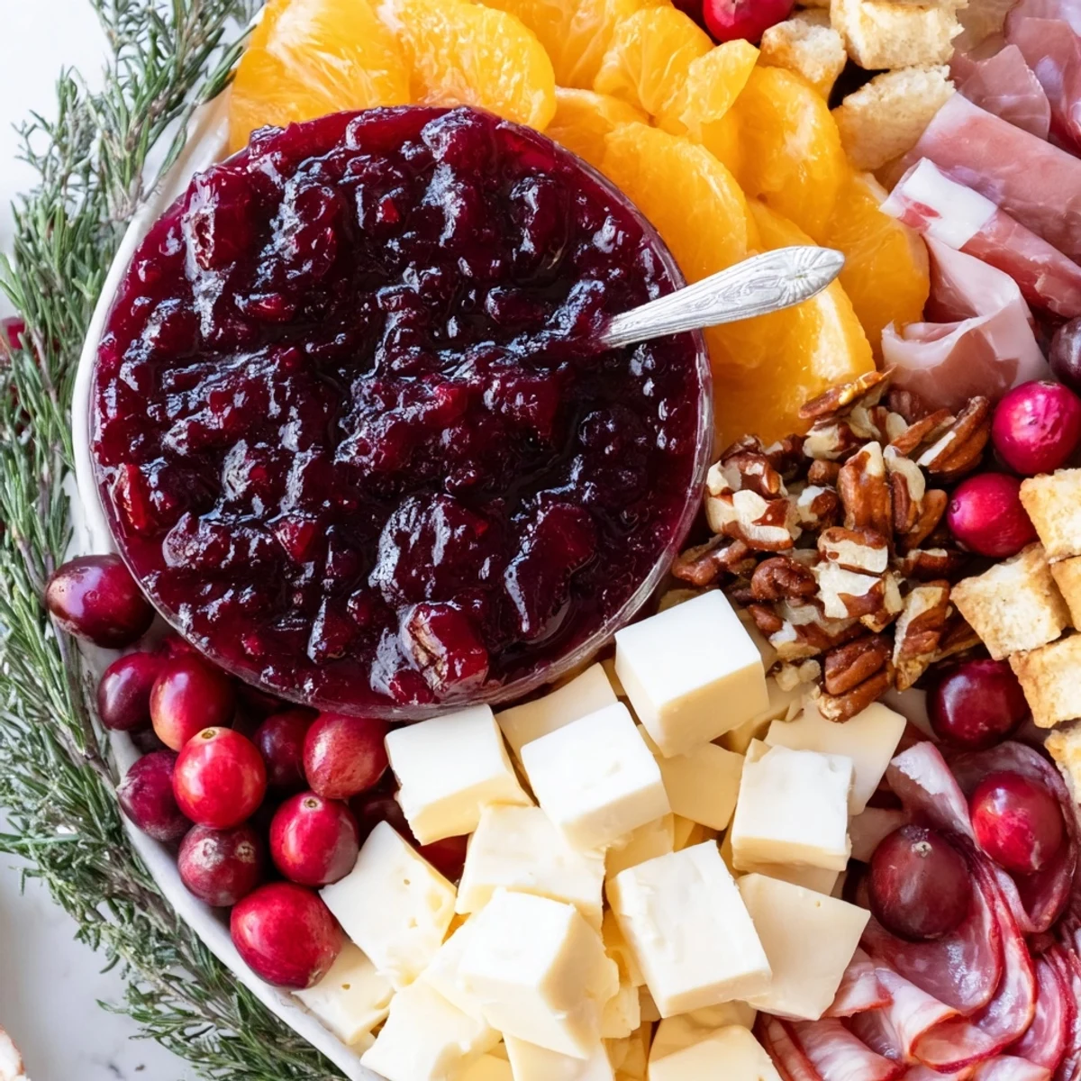 Festive cranberry wreath platter, brimming with creamy cheeses and savory meats, perfect for holiday entertaining.