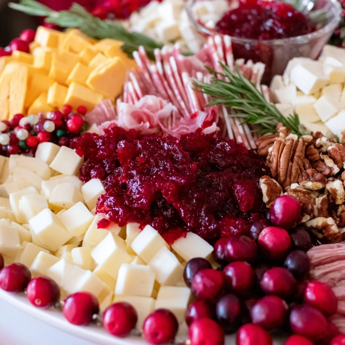This gorgeous cranberry wreath platter features vibrant red cranberries nestled among assorted cheeses and crackers.
