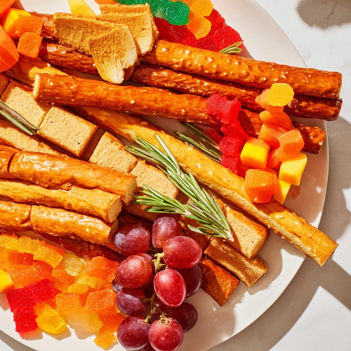 A vibrant "Flickering Fire Log Snack Board" with cheeses, fruits, and "flames" of candy.