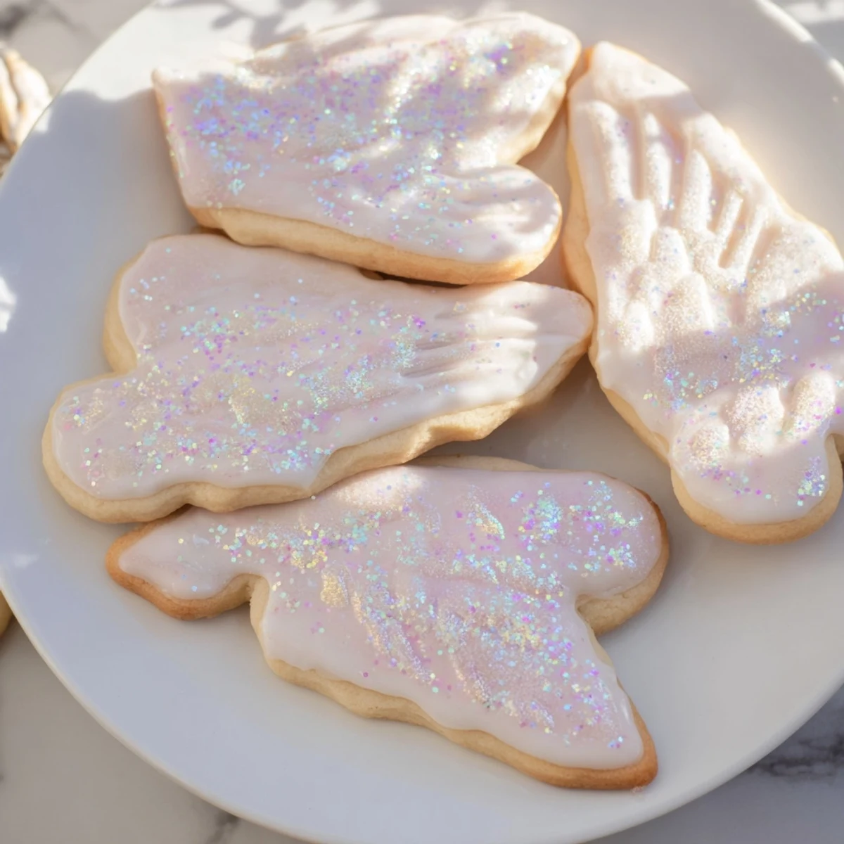 A close-up of iced Angel Wings Sugar Cookies sprinkled with edible glitter, adding a touch of whimsy.