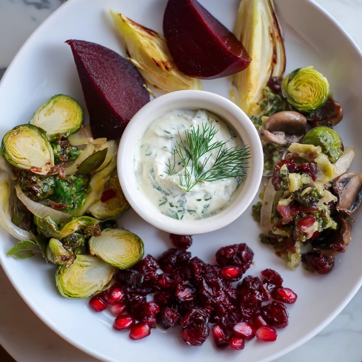 This festive Pine Forest Winter Mezze Board offers a delightful spread of flavors with fresh herbs.