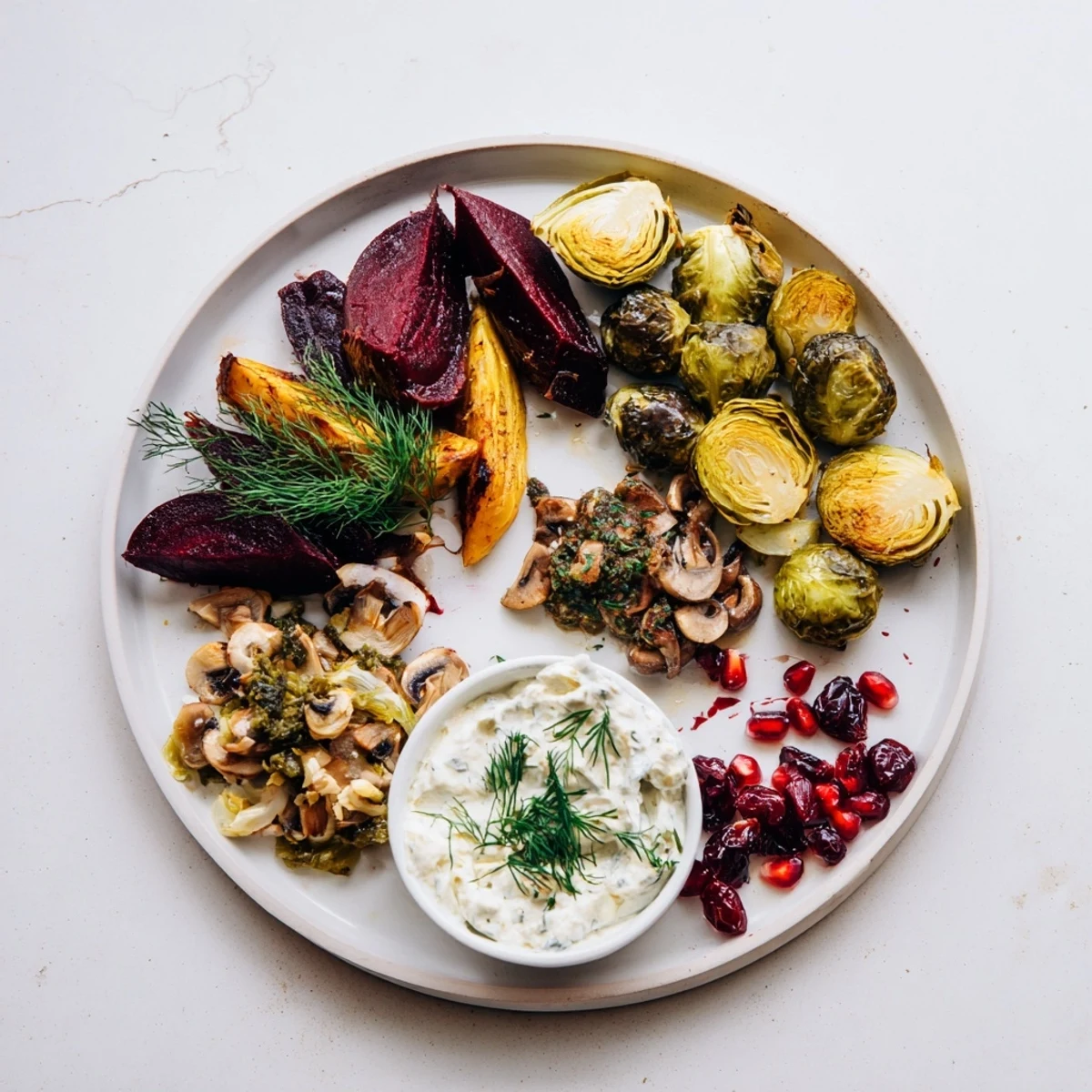 A beautiful Pine Forest Winter Mezze Board, showcasing roasted vegetables and vibrant toppings for guests.
