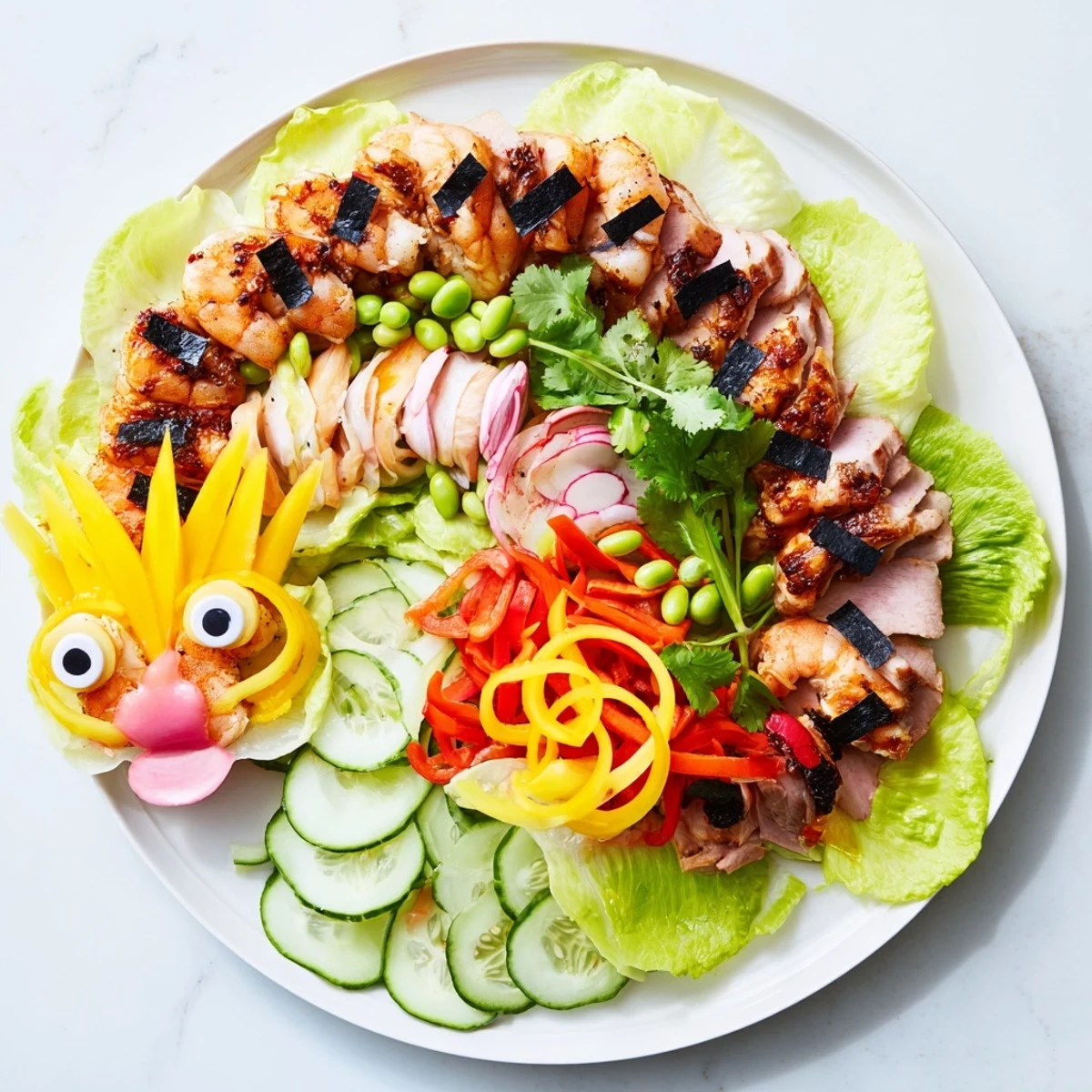 Vibrant Lunar New Year Dragon Platter with colorful vegetables, shrimp, and savory BBQ pork, ready to serve.