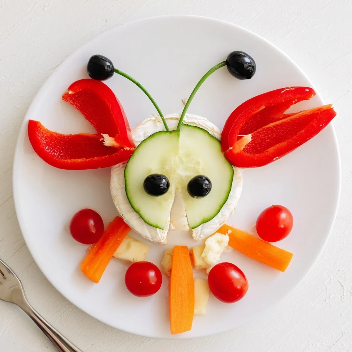 This charming Coccinelle Amusante picnic board displays colorful vegetables with various flavorful dips and crackers.