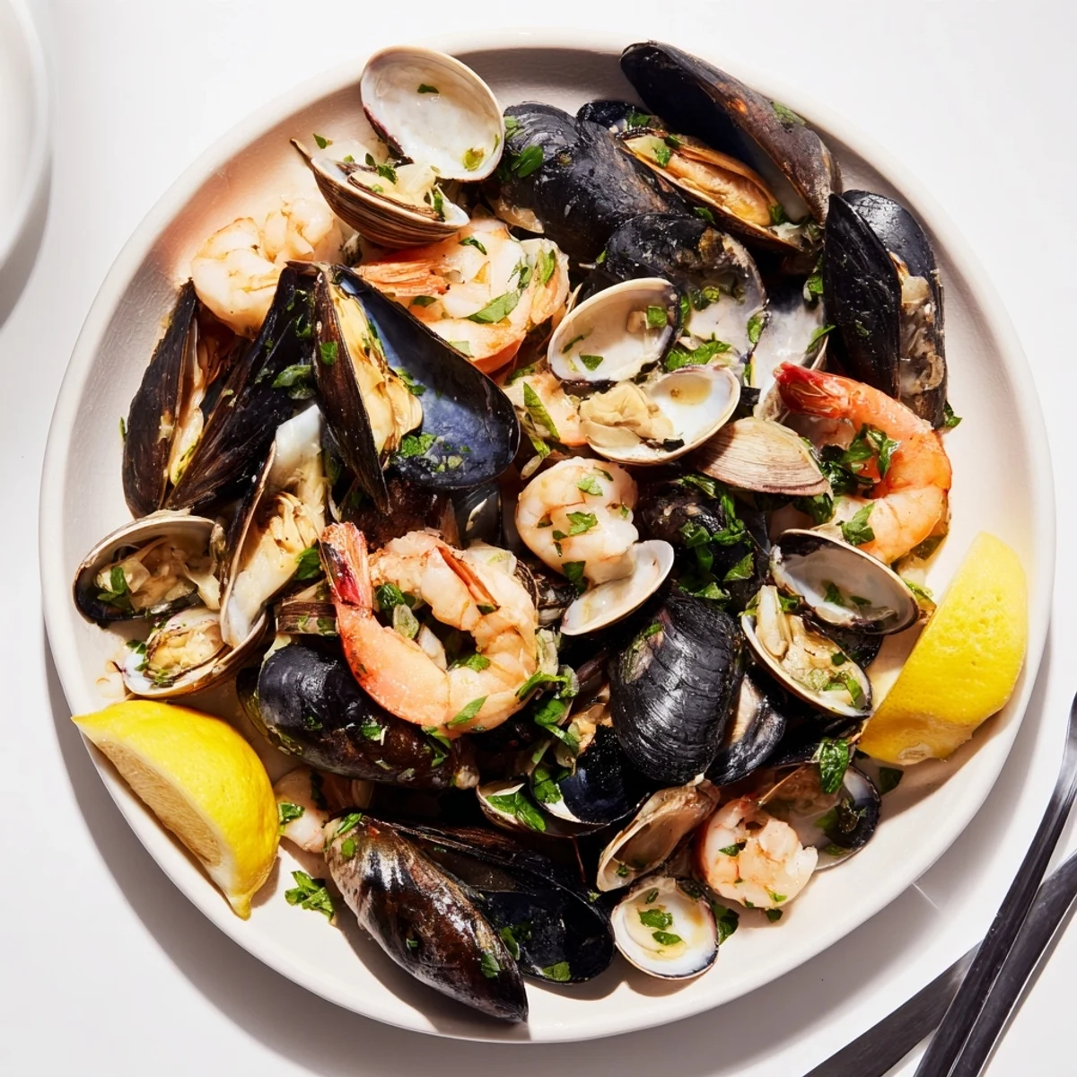 Platter of delicious Shellfish & Seafood Medley featuring mussels, shrimp, and clams, ready to enjoy.