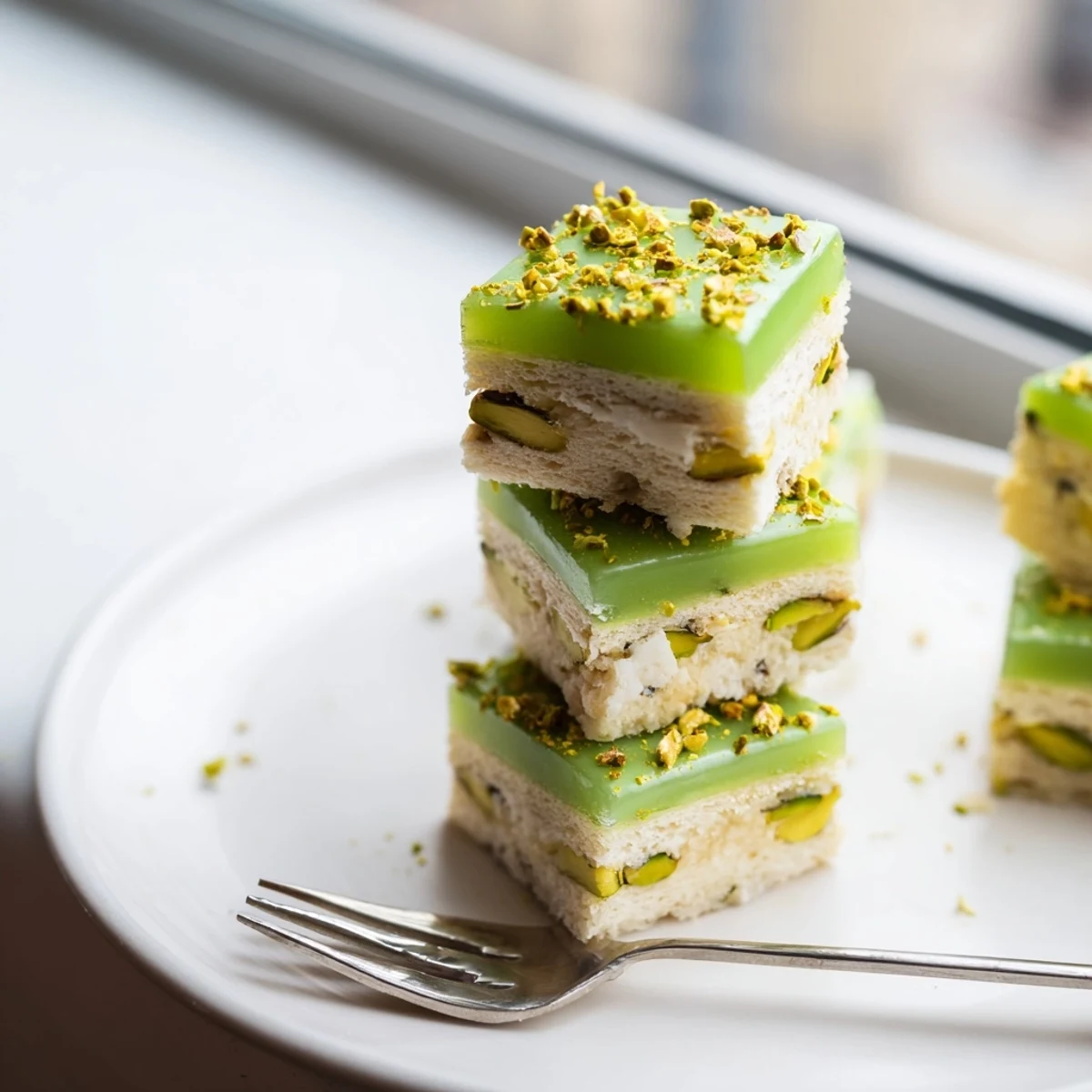 Close-up photo of layered Grenouille Royale Petits Fours, showing a pistachio cream-filled cake with a bright glaze.