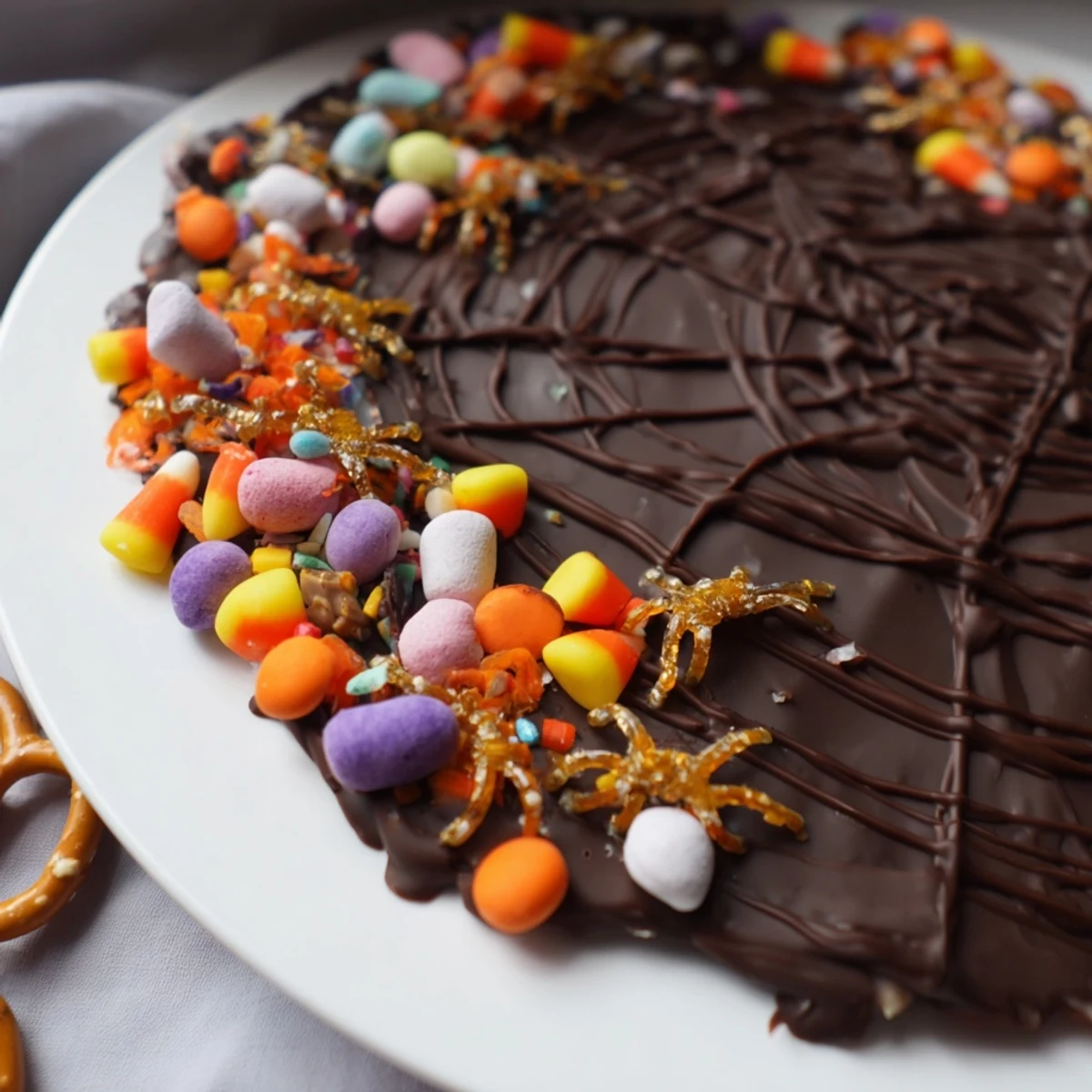 A spooky Spiderweb Candy Platter, featuring gummy spiders crawling on a dark chocolate web.