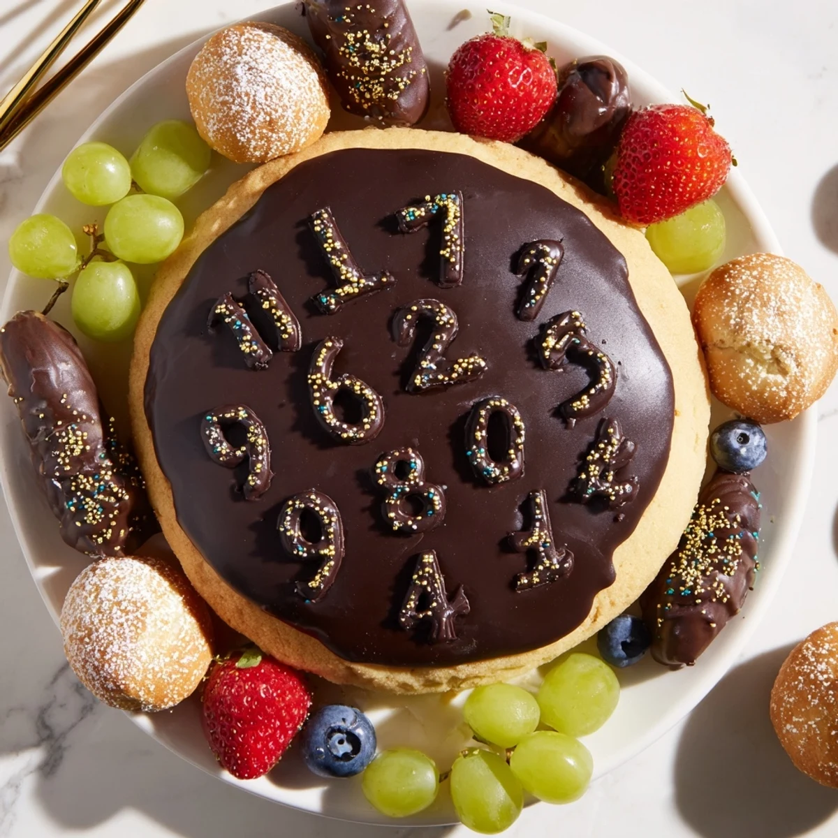 Sparkling Clock Countdown Platter arranged with cookies, fruits, and edible glitter evokes New Year's Eve excitement.