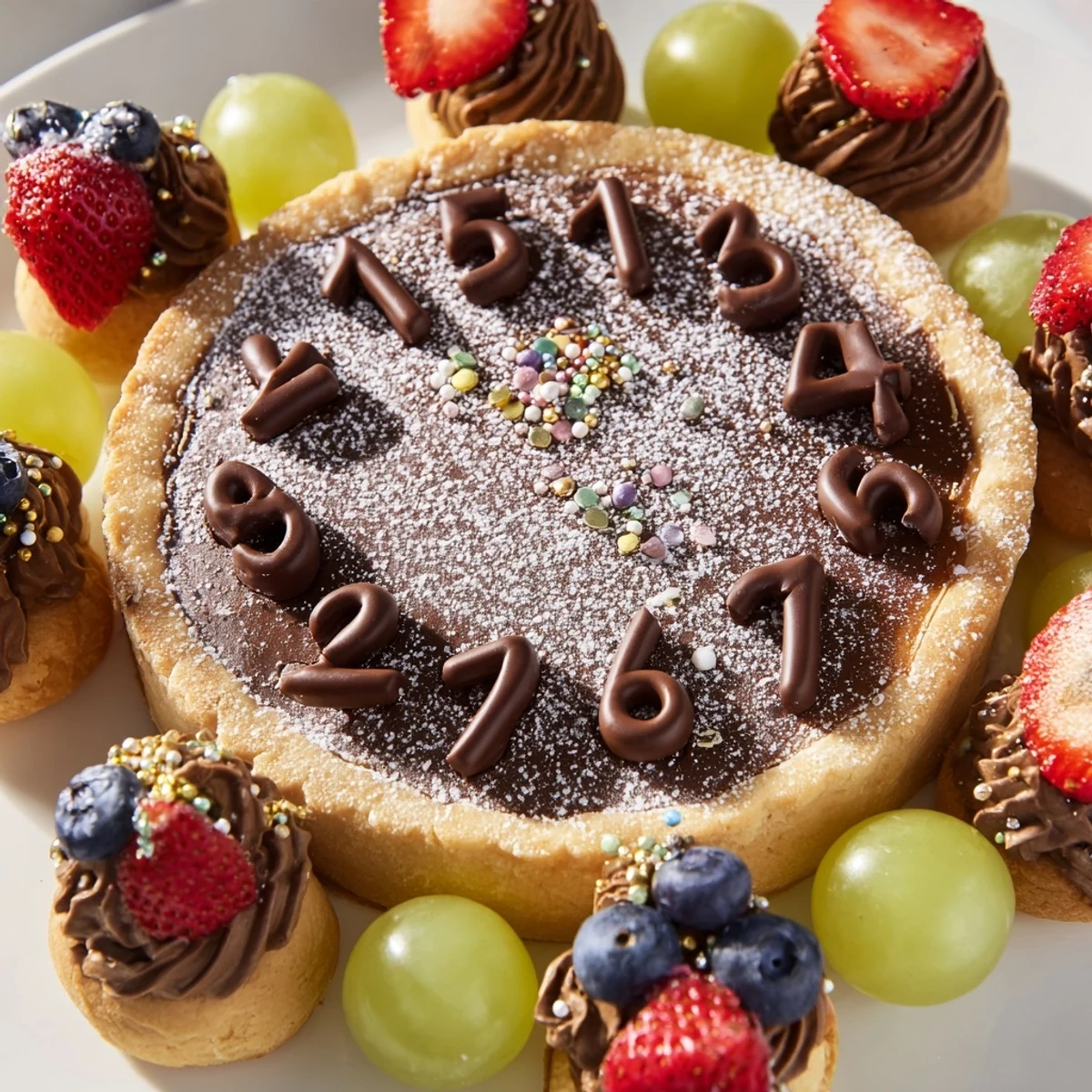 This Sparkling Clock Countdown Platter showcases round cookies with chocolate numbers, fruit, and gold sprinkles for dessert.