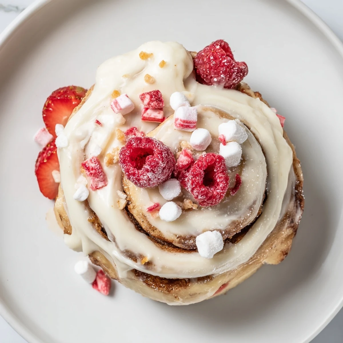 A beautiful North Pole Cinnamon Roll Board with frosted cinnamon rolls, berries, and mint.
