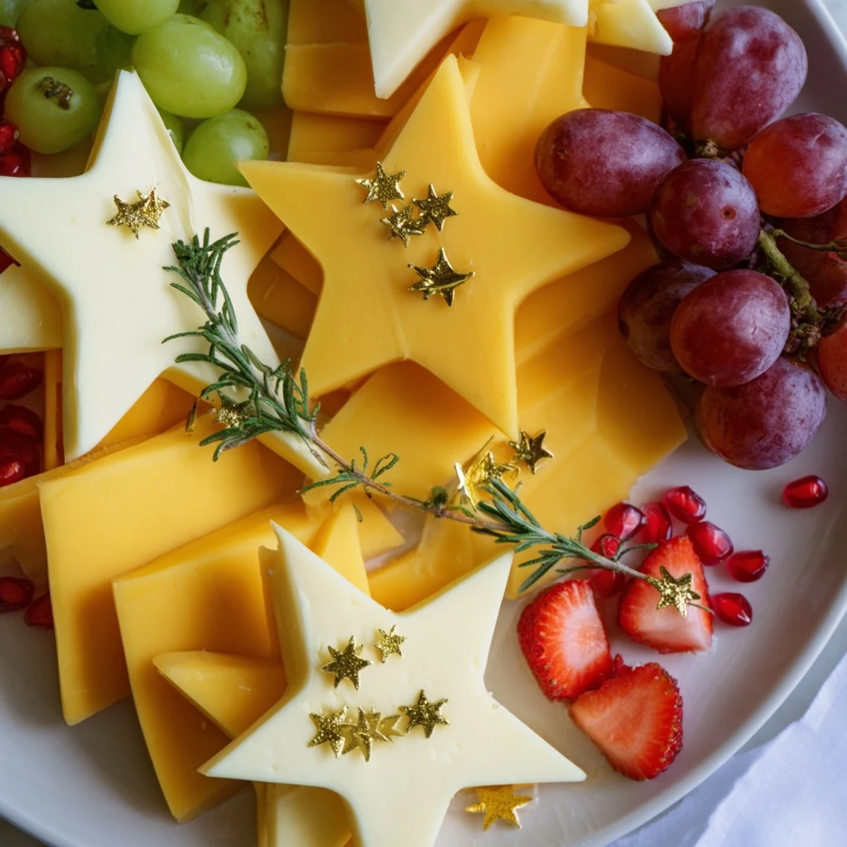 Colorful Happy New Year Star Board appetizer arranged with cheeses, meats, fresh fruits and dips.