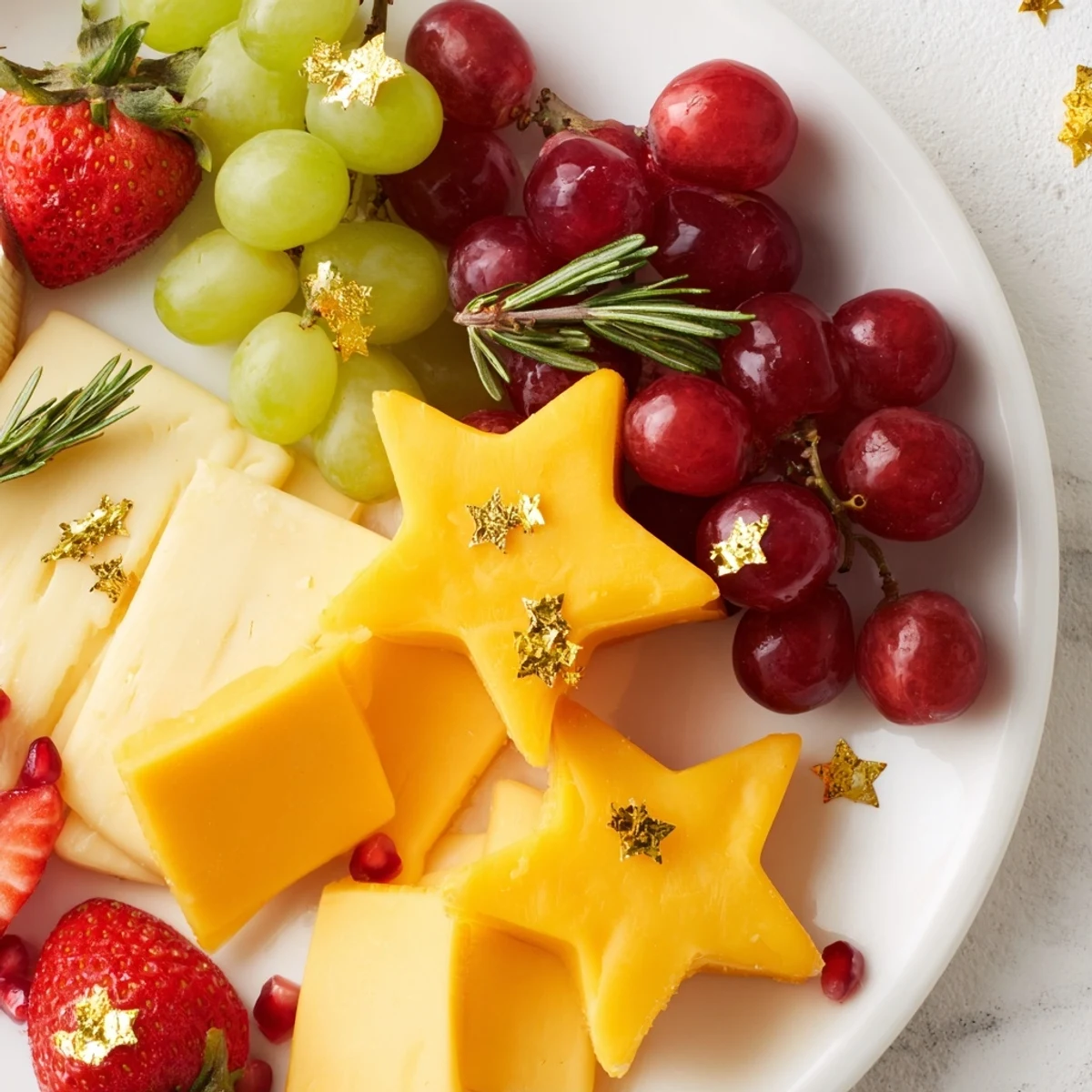 Vibrant photo displays a delicious Happy New Year Star Board with cheese stars, crackers, and dips.