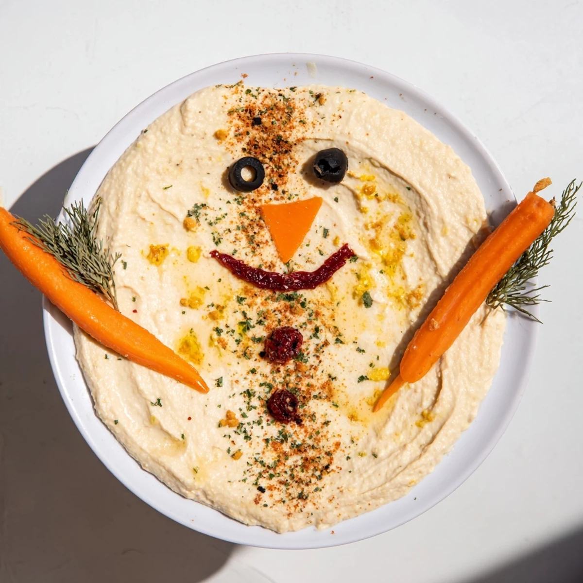 Melted snowman hummus platter, a cheerful appetizer with carrot nose and olive eyes ready to serve.