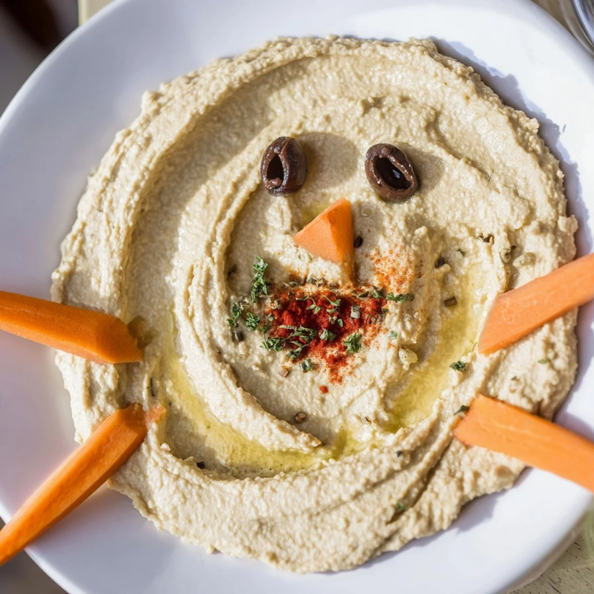 Delectable melted snowman hummus platter, with easy holiday presentation perfect for dipping and sharing.