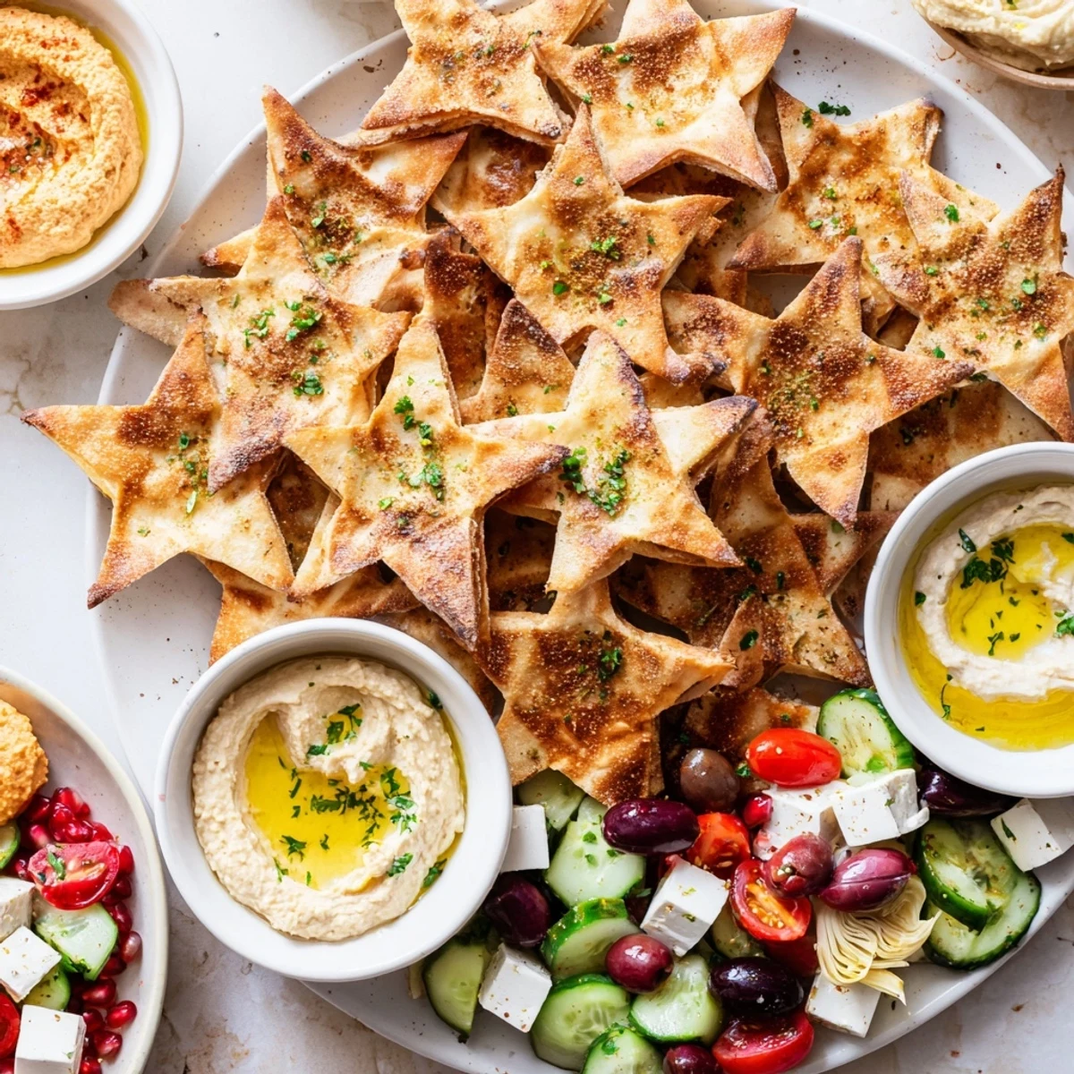Deliciously vibrant Three Kings Star Pita Board, showcasing golden pita stars and colorful Mediterranean dips for sharing.