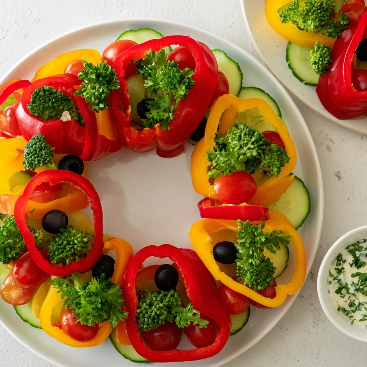 Vibrant Festive Bell Pepper Wreath, beautifully arranged, alongside a creamy herbed dip ready to eat.