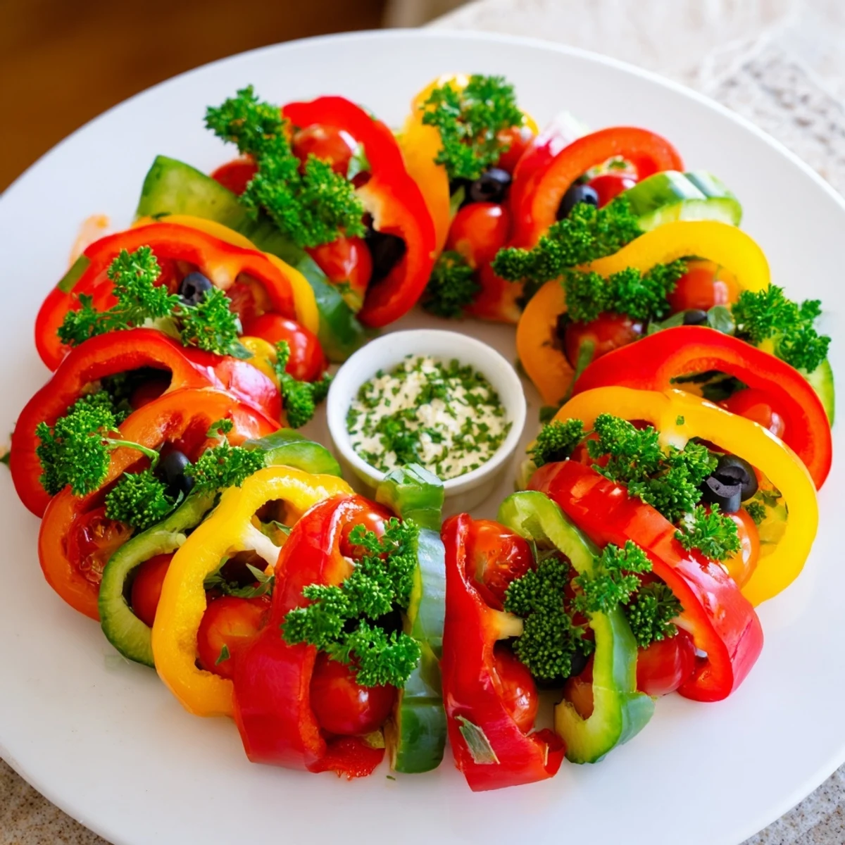 A delicious Festive Bell Pepper Wreath appetizer, showing fresh, colorful veggies perfect for your next party.