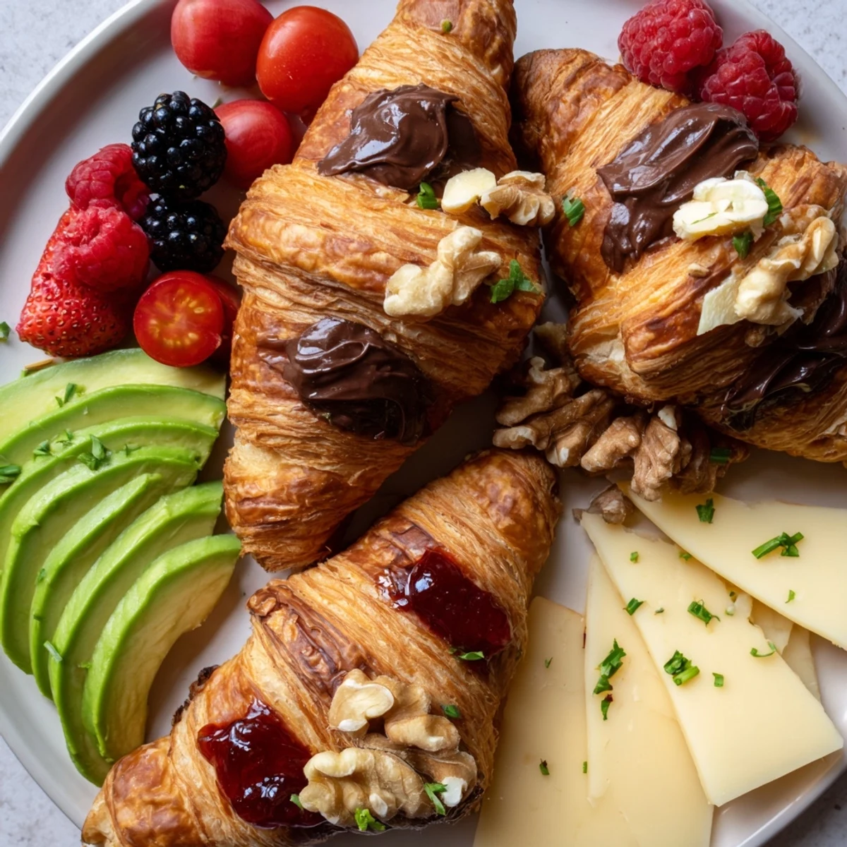 Enjoy this delicious breakfast: a Cozy Fireplace Croissant Board, a perfect mix of sweet and savory treats.