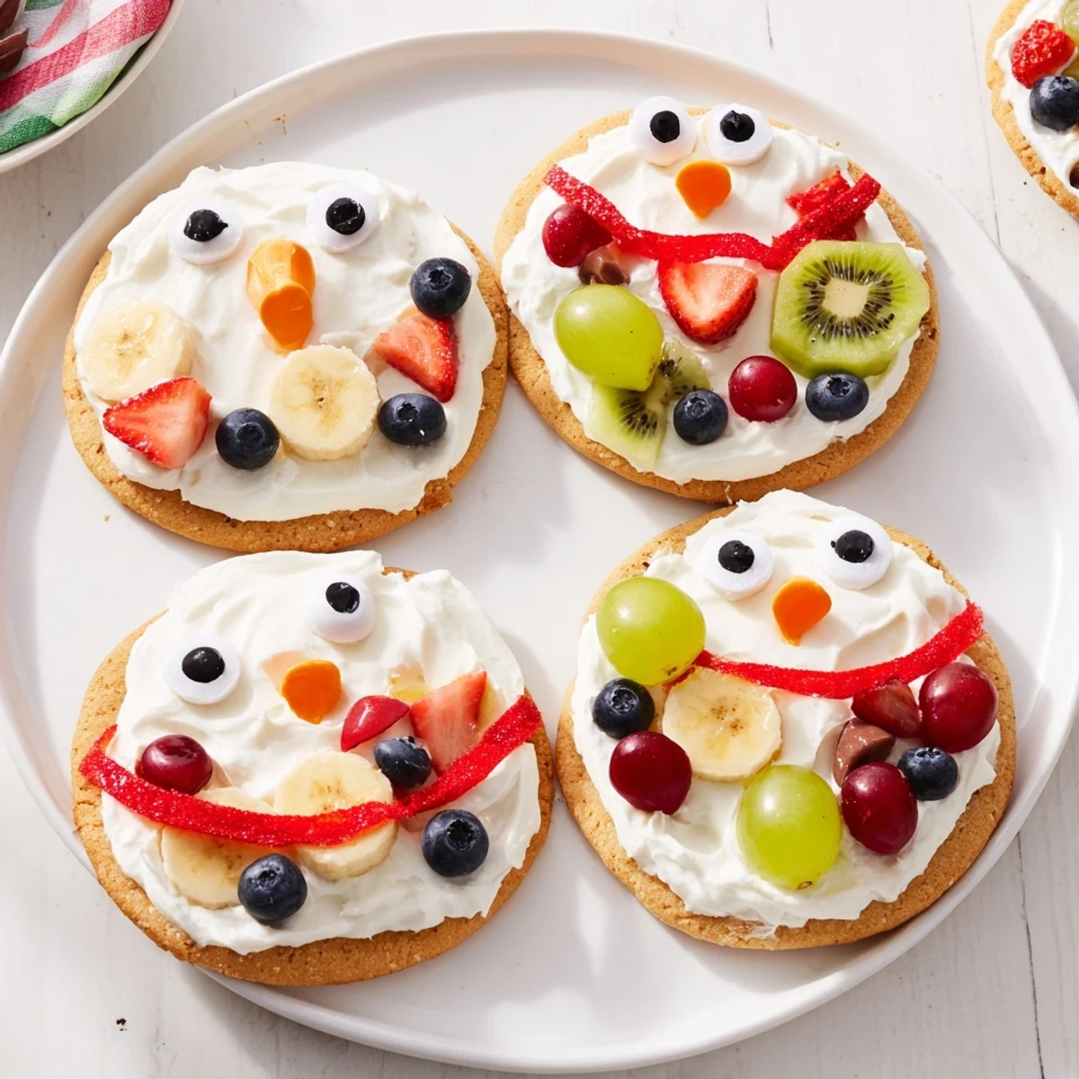 Melting snowman fruit pizza with creamy frosting, fresh fruit, and colorful marshmallow snowmen.