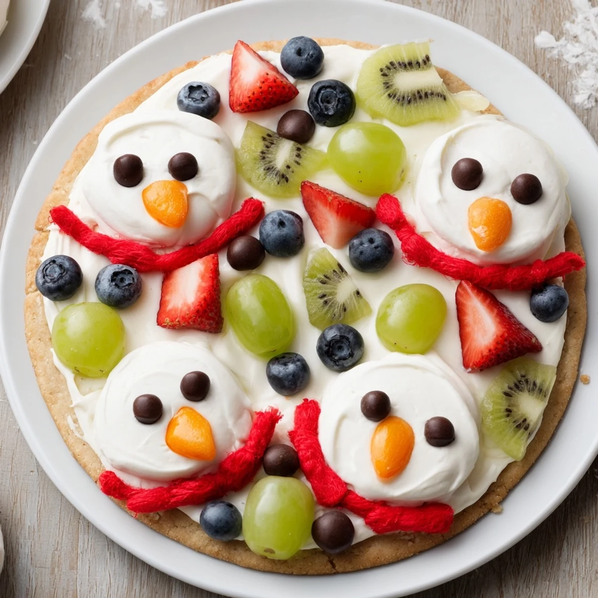 A vibrant melting snowman fruit pizza, featuring fruit and frosting, ready to slice and eat.