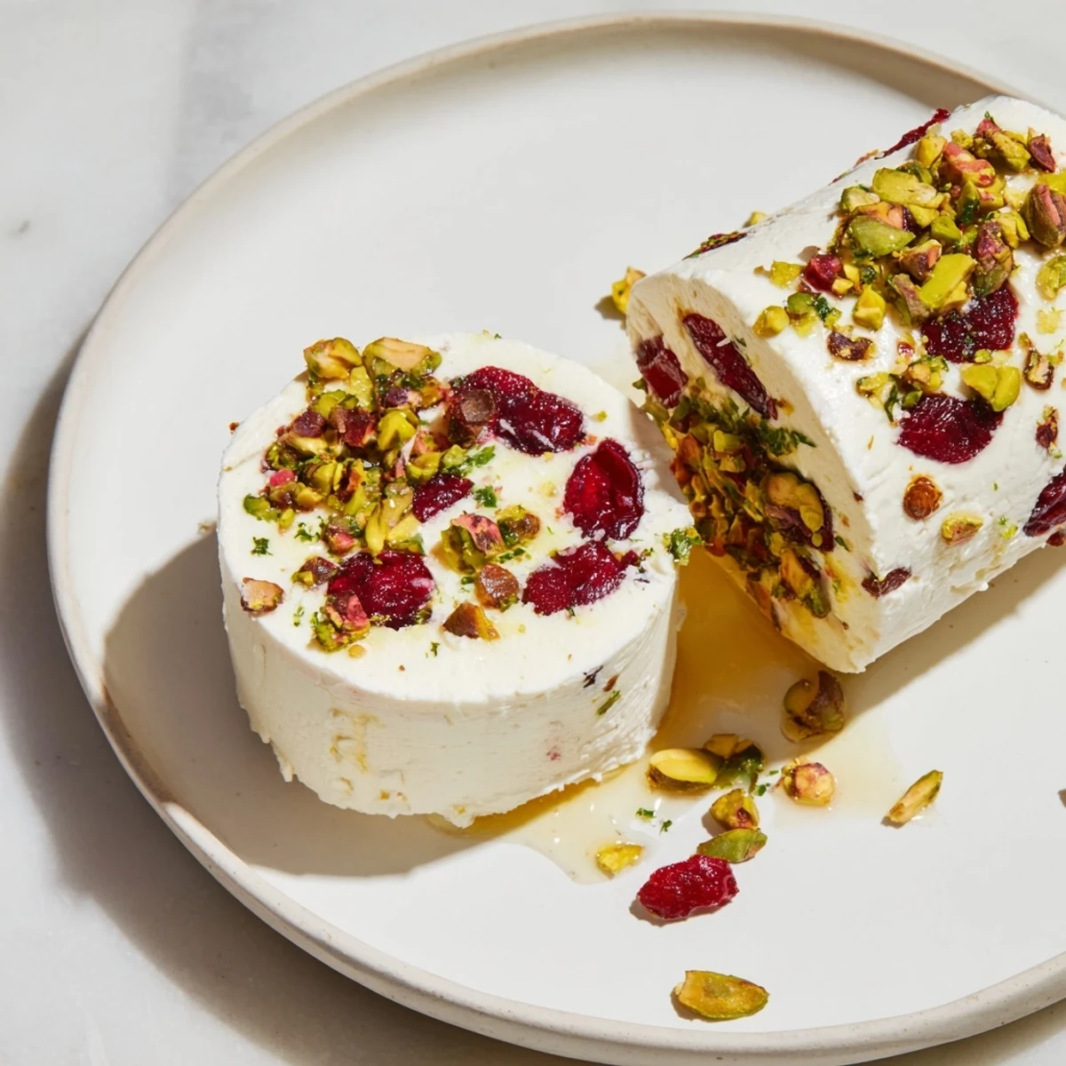 Cranberry goat cheese logs on a board, with vibrant red cranberries and green grapes offering a delightful appetizer.