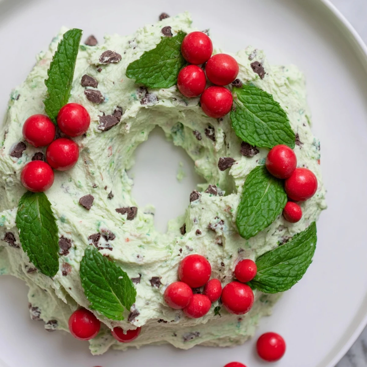 Festive Mint Chocolate Chip Dip Wreath, a creamy dessert garnished with red candies and fresh mint.