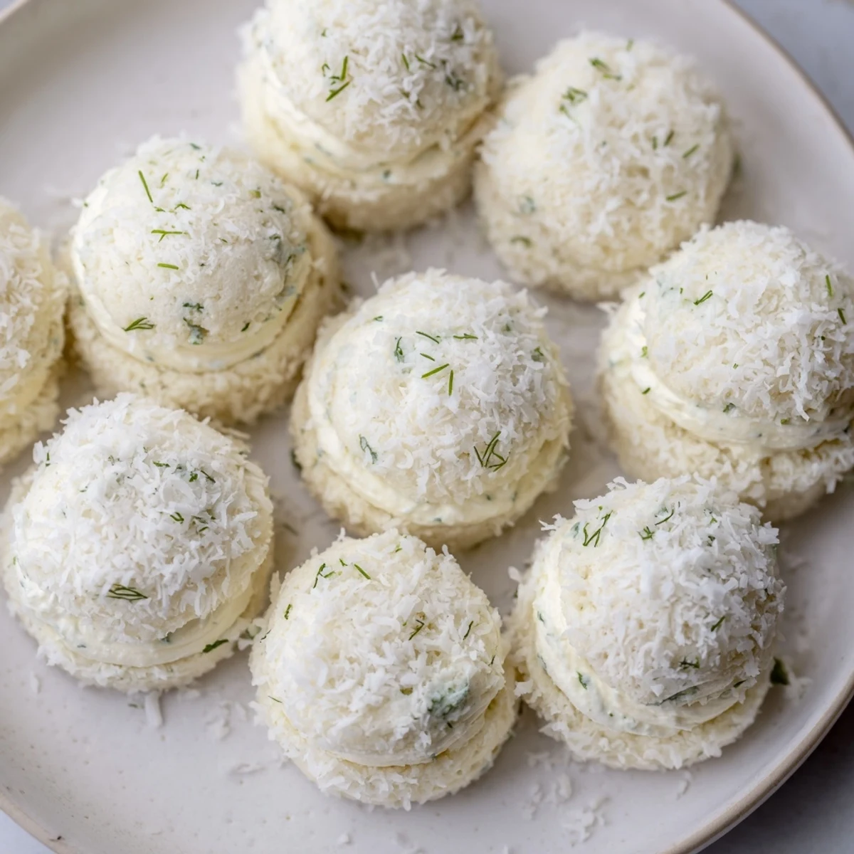 Creamy Snowball Tea Sandwich Bites with a soft cream cheese filling, coated in sweet, shredded coconut for an elegant treat.