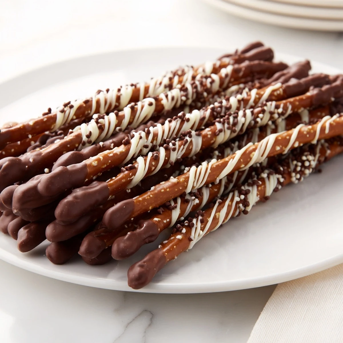 Crispy chocolate covered pretzel stick stacks, drizzled with white chocolate, are a quick party dessert.