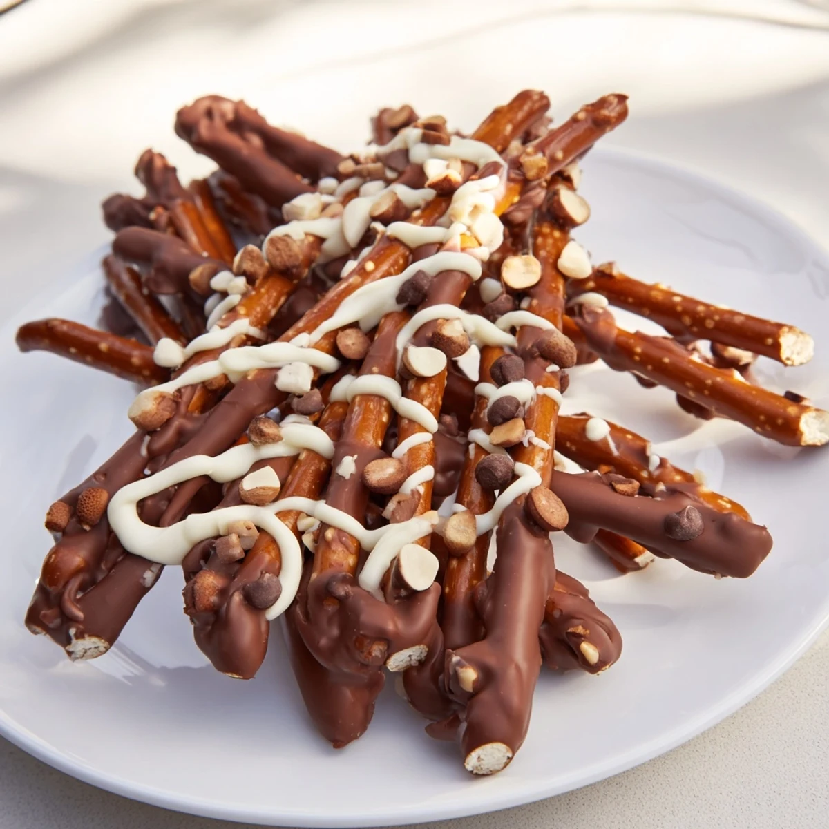 Indulge in these easy chocolate covered pretzel stick stacks: a sweet, crunchy, no-bake treat.