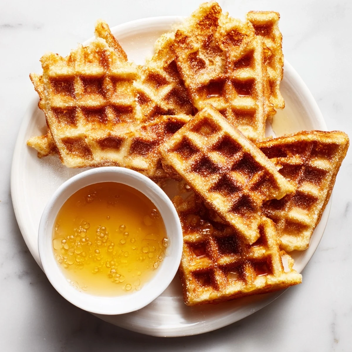 Golden-brown waffle quarters presented with a warm maple syrup dip, a delicious breakfast.