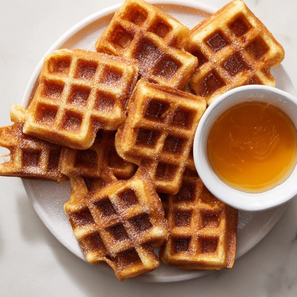 Platter of fluffy waffle quarters with a small bowl of golden syrup, an easy brunch.