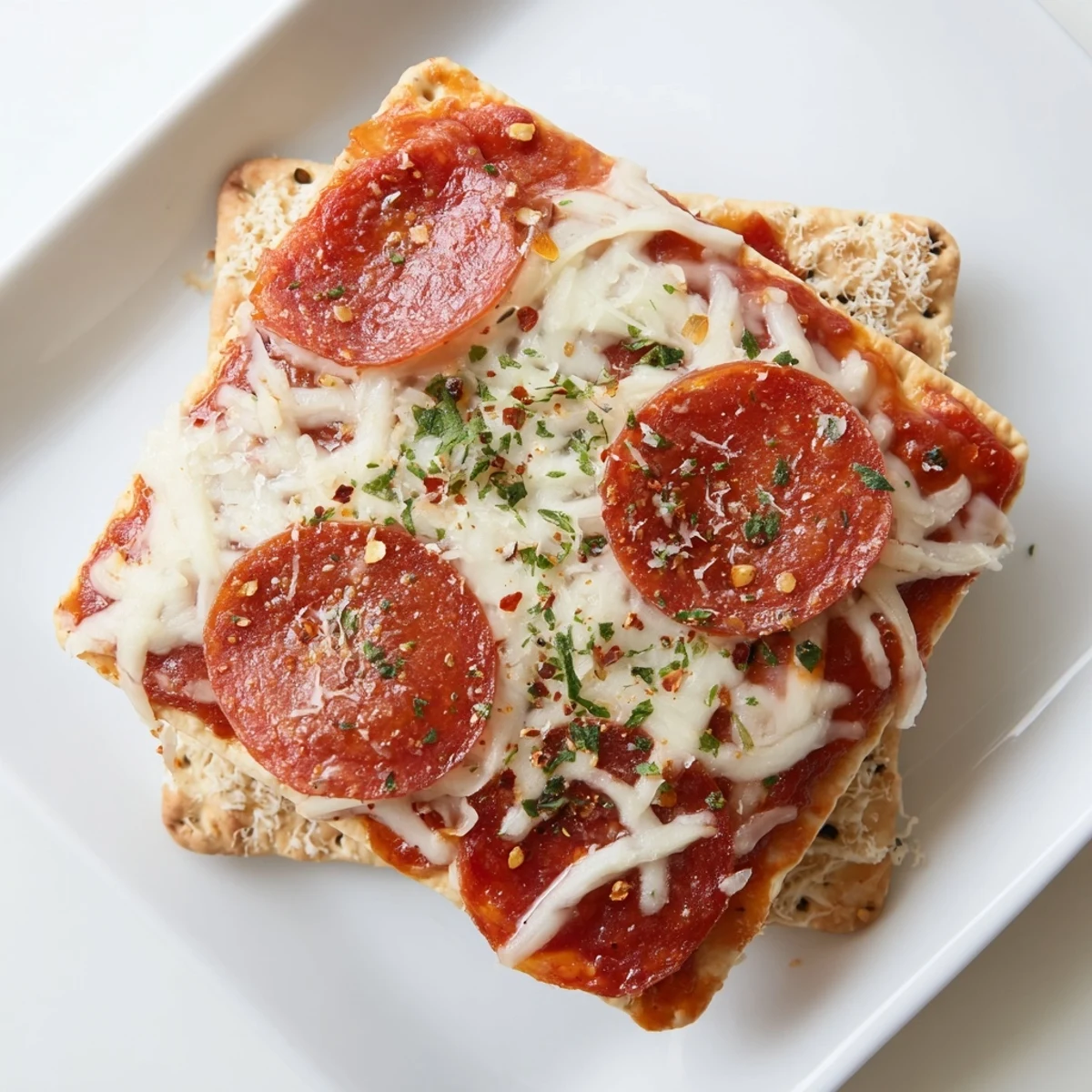 Savory pepperoni bites: melted cheese tops warm crackers in this easy appetizer recipe.