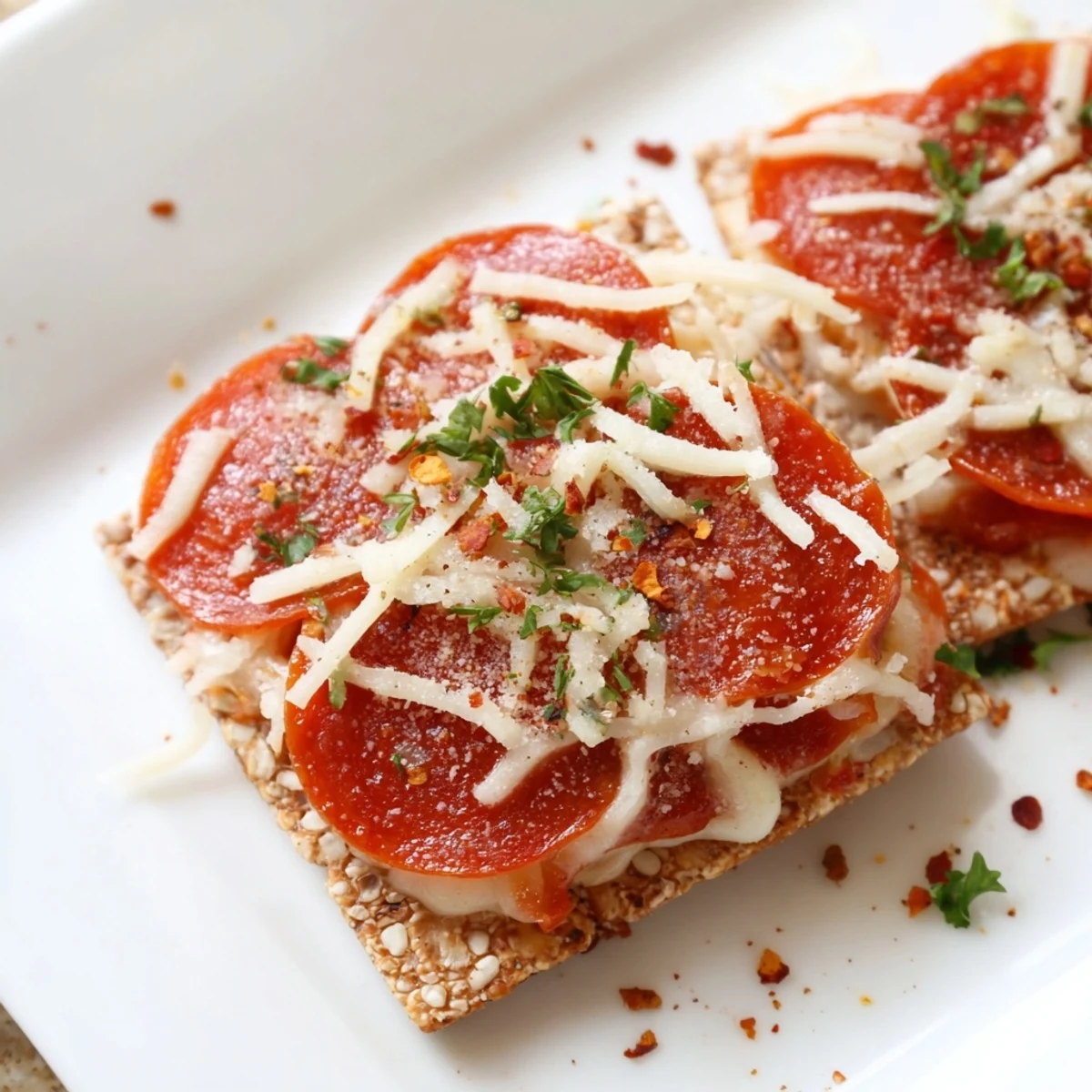 Homemade pepperoni bites: crispy crackers stacked with melted cheese and spicy pepperoni for a tasty party dish.