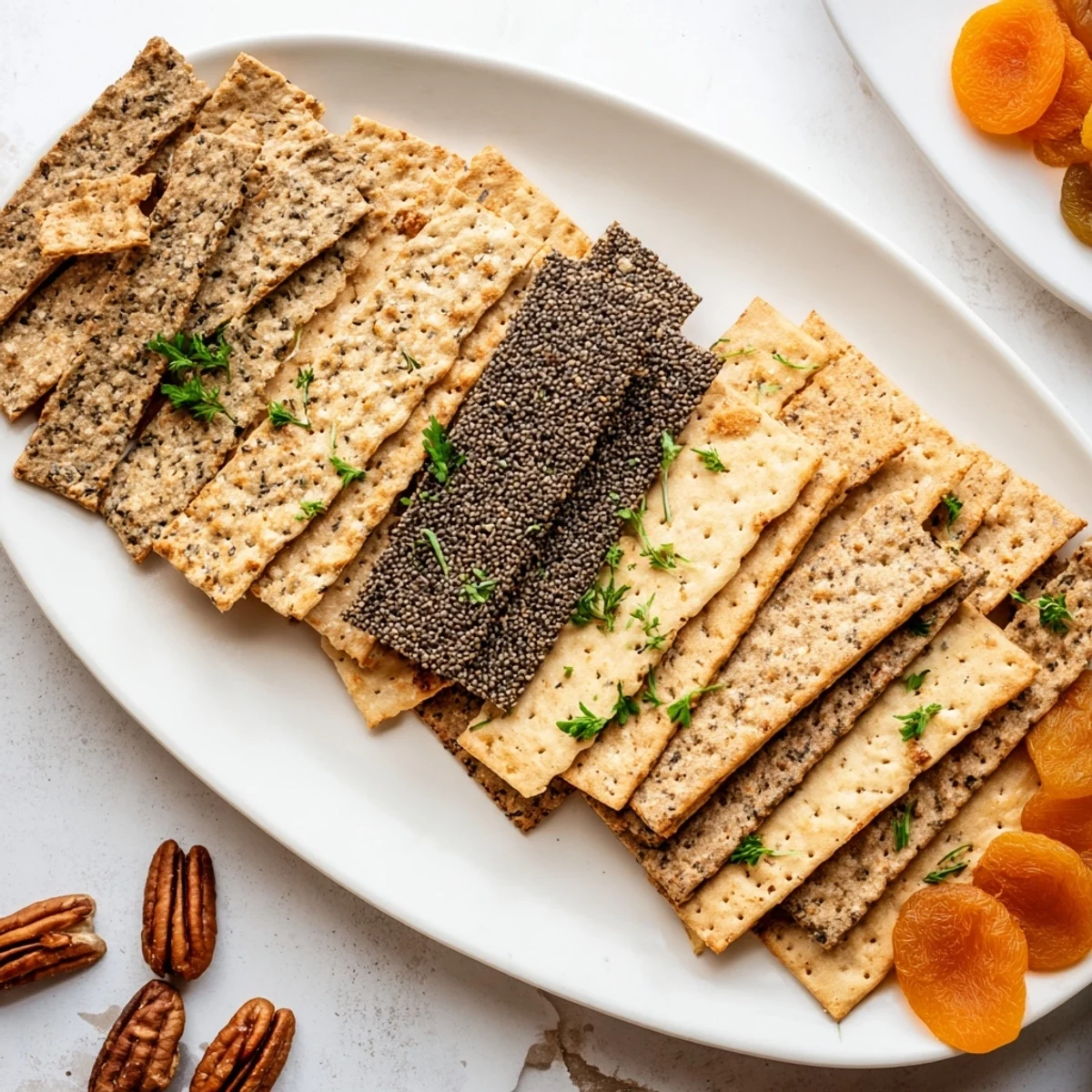 Layered fan of gourmet crackers, perfect for building an elegant appetizer board with cheese.